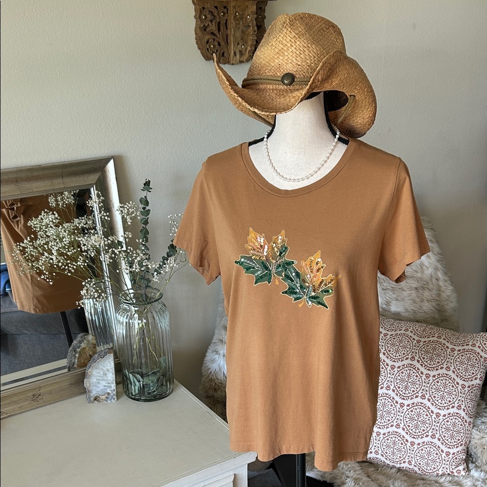 J. crew fall sequin leaf collectors Tee cotton tan, brown, green tee shirt L - Picture 2 of 11